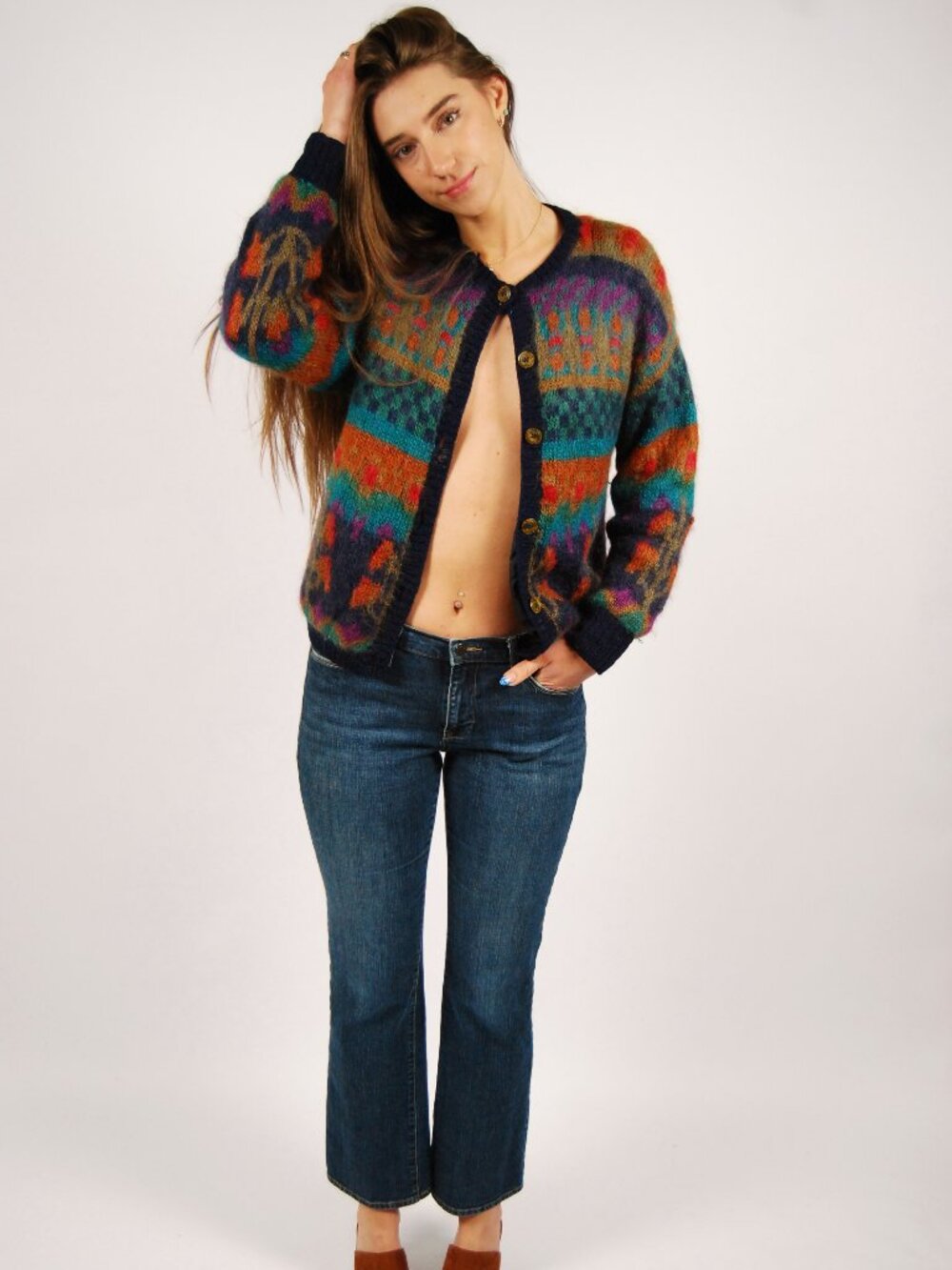 90s Mohair Cardigan (S) small blue orange vintage womens wool Susan Bristol boho